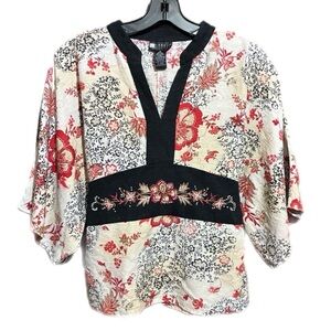 Vintage 90’s Babydoll Kimono Blouse Top Small Silk Beaded Floral Tie Back V Neck